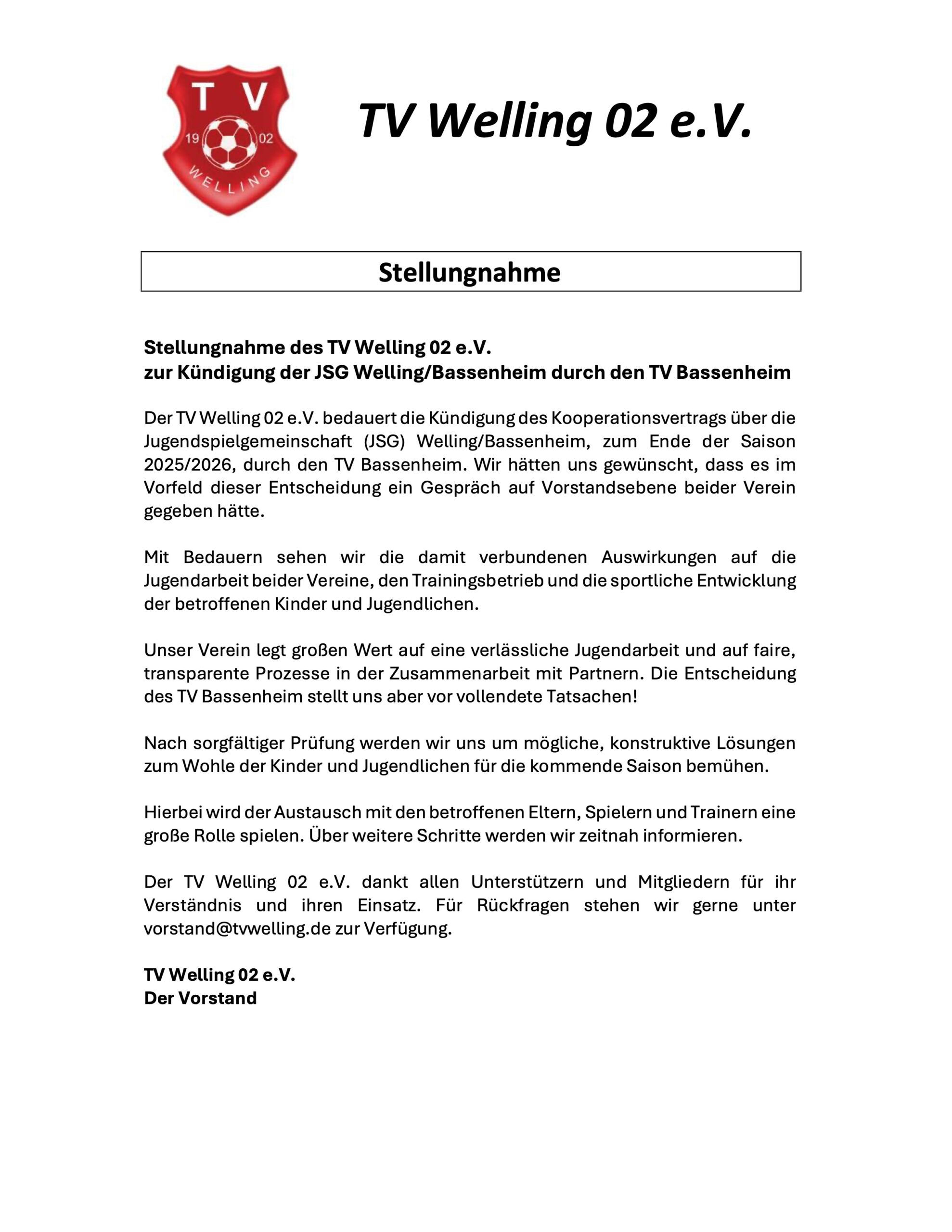 Du betrachtest gerade Stellungnahme TV Welling 02 e.V.