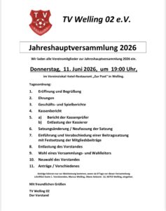 Einladung Jahreshauptversammlung 11.06.2026 um 19 Uhr (Hotel zur Post in Wellling)